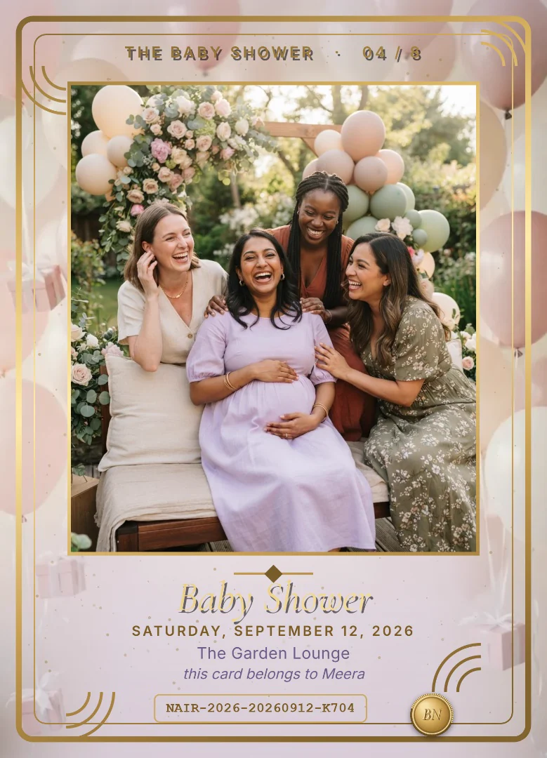 A mother-to-be in a lavender dress laughing with three friends at her baby shower in a garden, on a lavender keepsake card with pink balloons and gift boxes