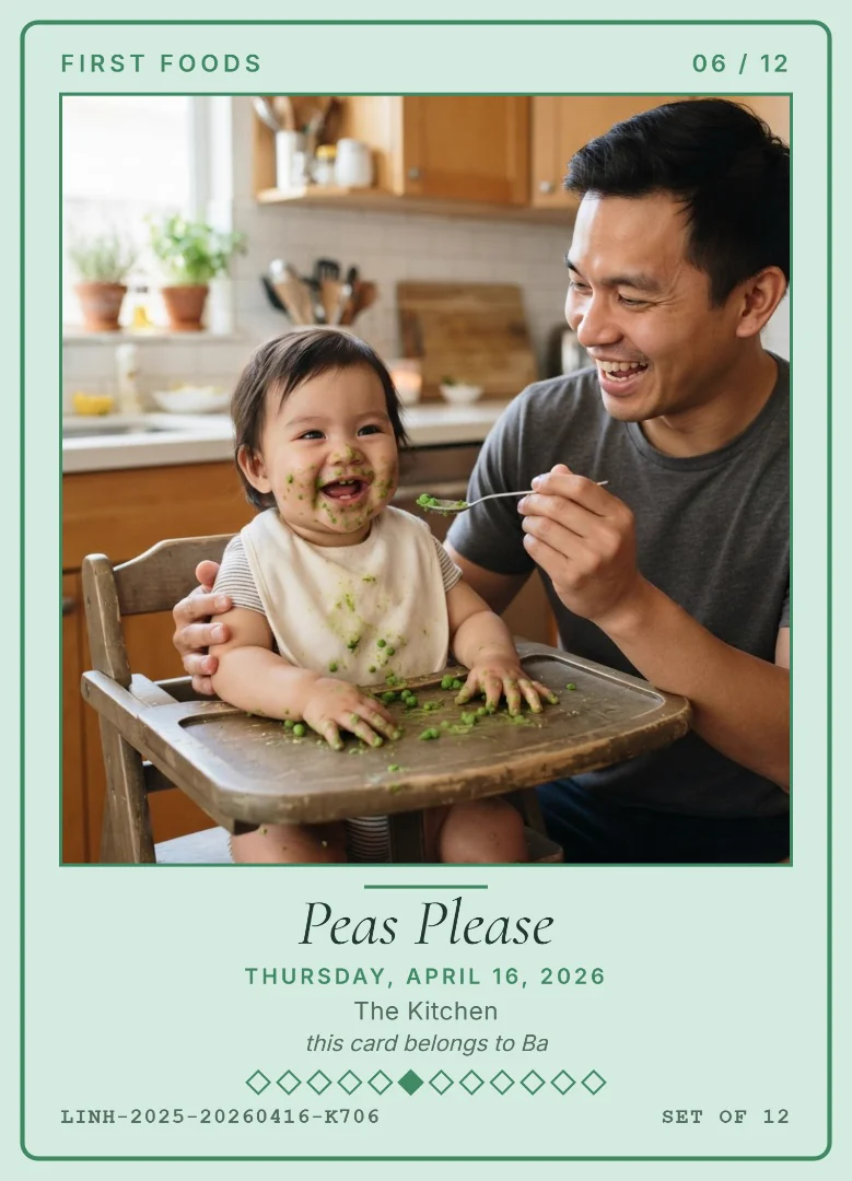 A six-month-old baby covered in green pea puree laughing in her high chair while her father feeds her, on a mint keepsake card