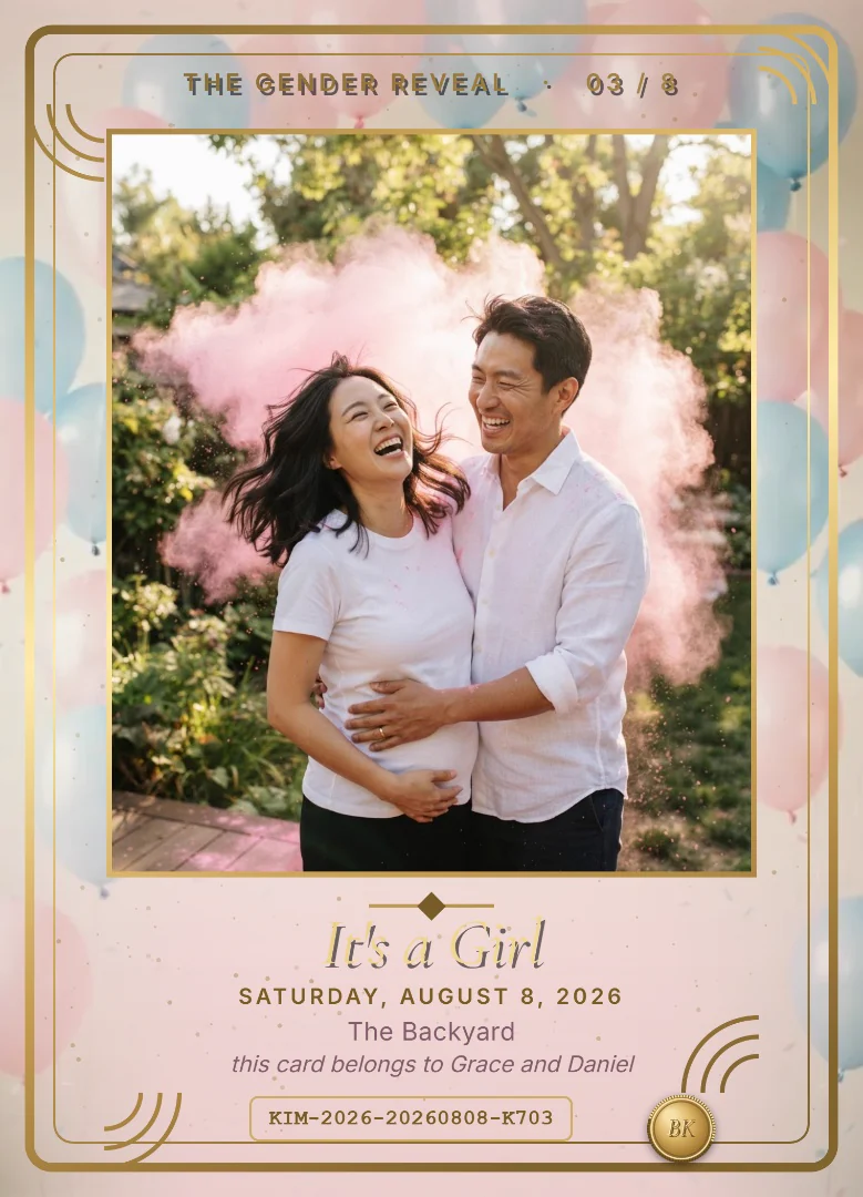 A couple laughing as a burst of pink powder fills the air behind them at their gender reveal, on a blush pink keepsake card with pink and blue balloons