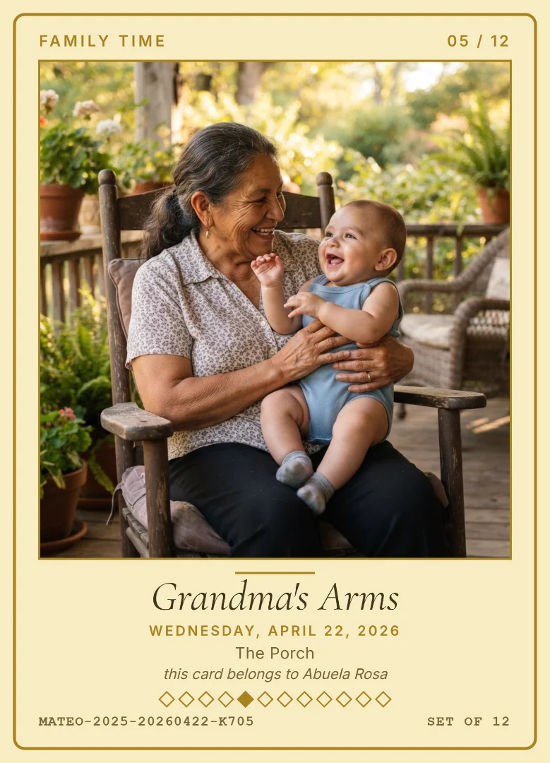 A grandmother laughing with her baby grandson on her lap on a sunny porch, on a butter yellow keepsake card