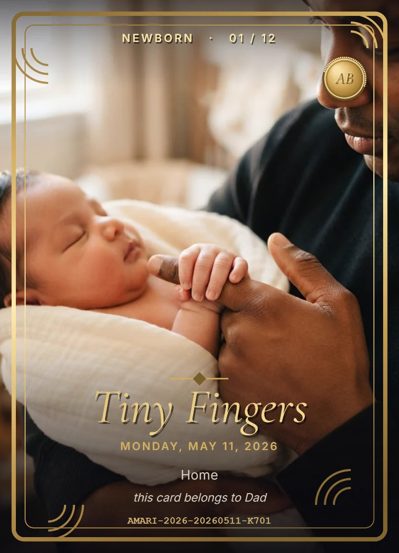 A newborn’s tiny hand curled around her father’s finger, on a full-bleed keepsake card, as photographed