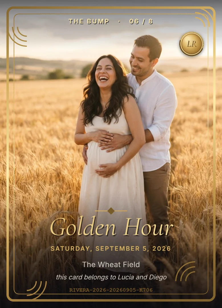 A couple in a wheat field at golden hour, the woman laughing with both hands on her bump, on a full-bleed keepsake card