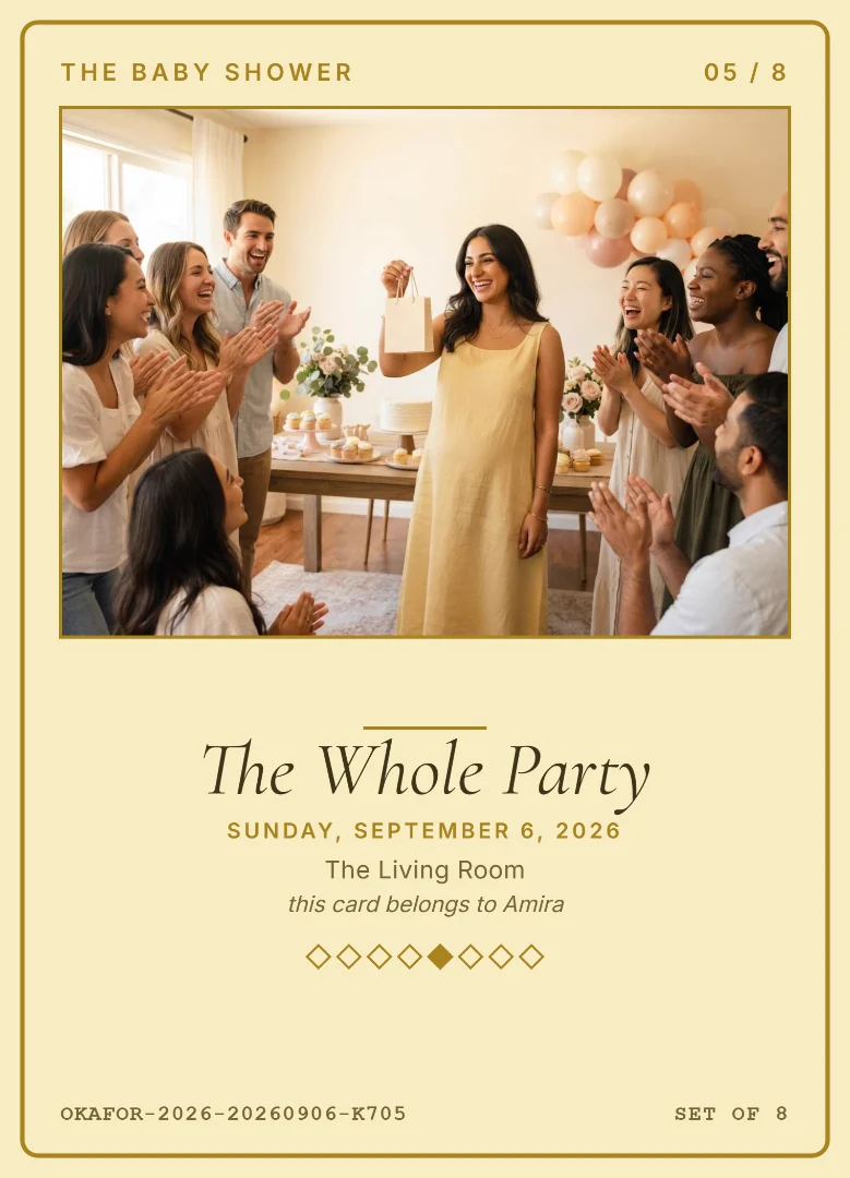 About ten guests clapping around a pastel dessert table as the mother-to-be holds up a tiny gift bag, on a butter yellow keepsake card