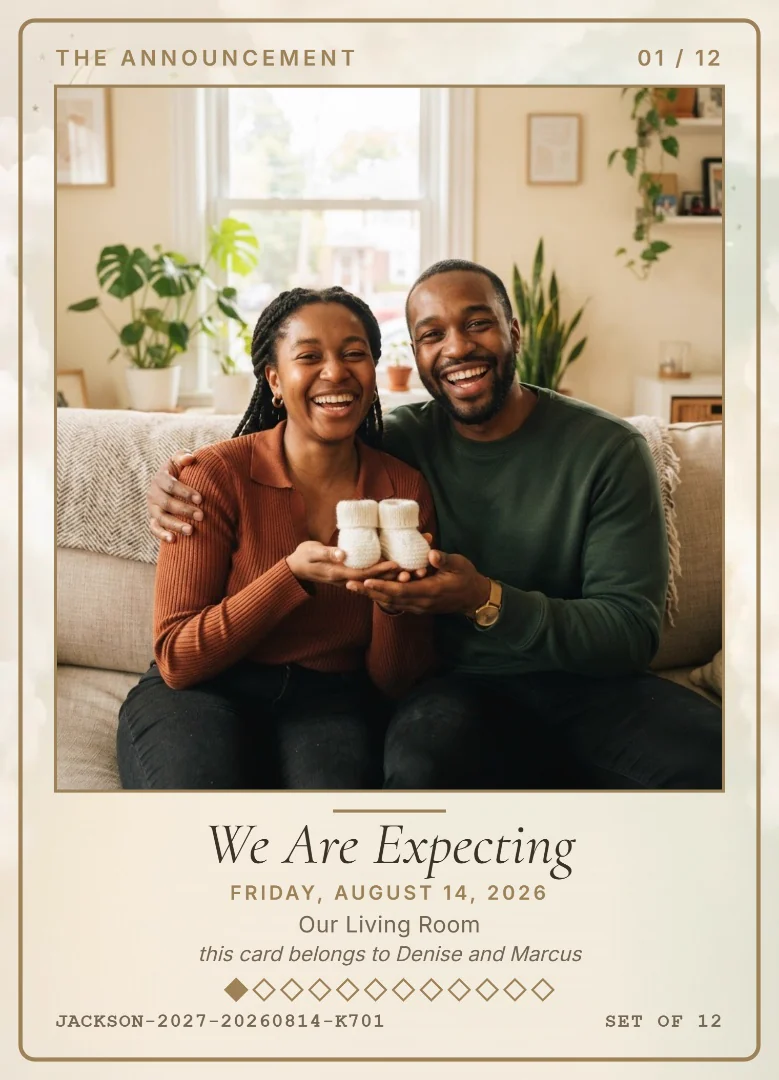A couple laughing on their sofa holding up a tiny pair of white knitted baby booties, on a cream keepsake card with a soft cloud and star sky
