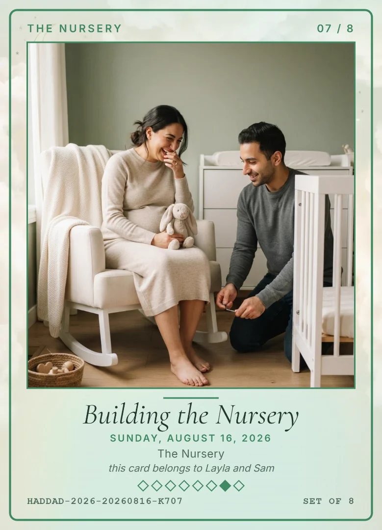 A couple in a sage green nursery, the man tightening a screw on a white crib while his wife laughs holding a plush bunny, on a mint keepsake card
