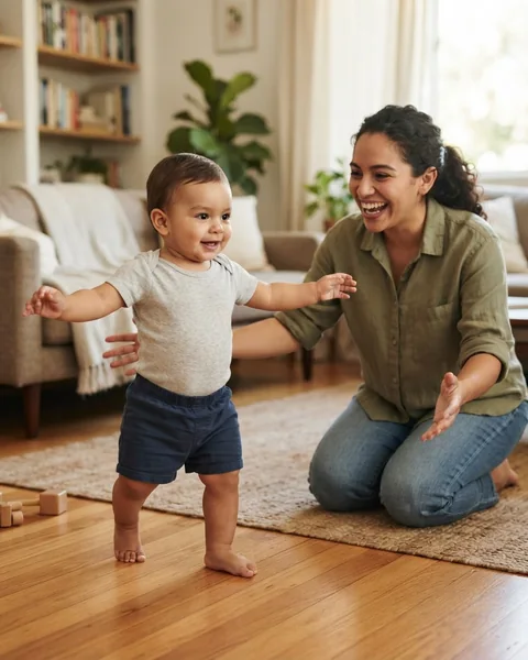 An eleven-month-old boy taking his first steps toward his laughing mother on a wooden living room floor